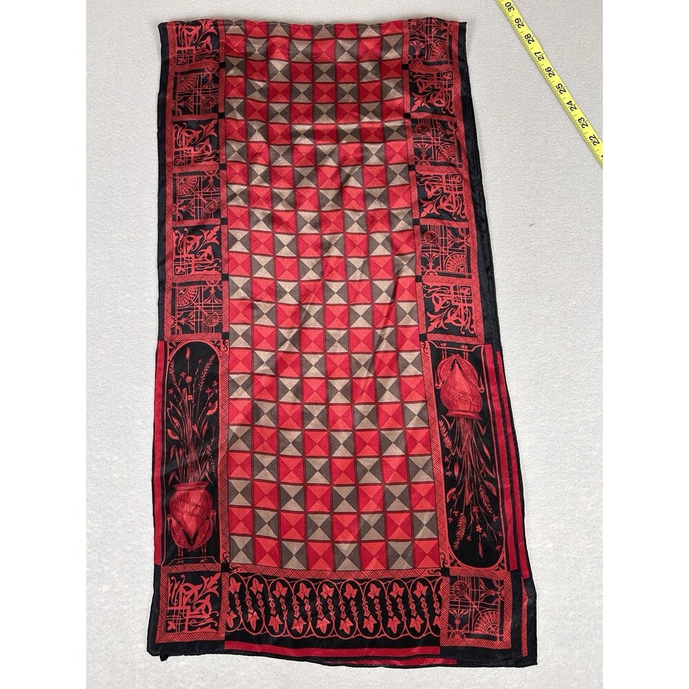 VTG Ellen Tracy silk scarf red black brown detailed floral & geometric designs
